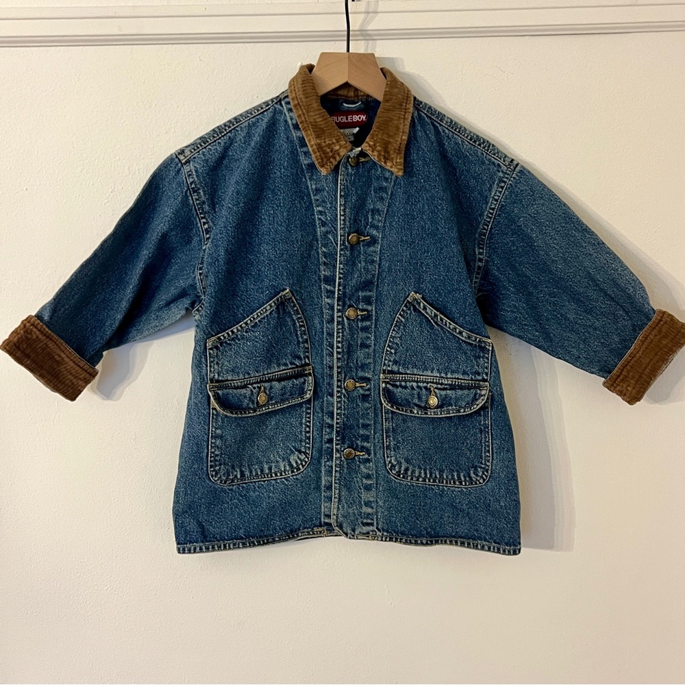 Vintage Youth Bugle Boy size Large Denim Barn Chore Jacket Brown Corduroy cuffs